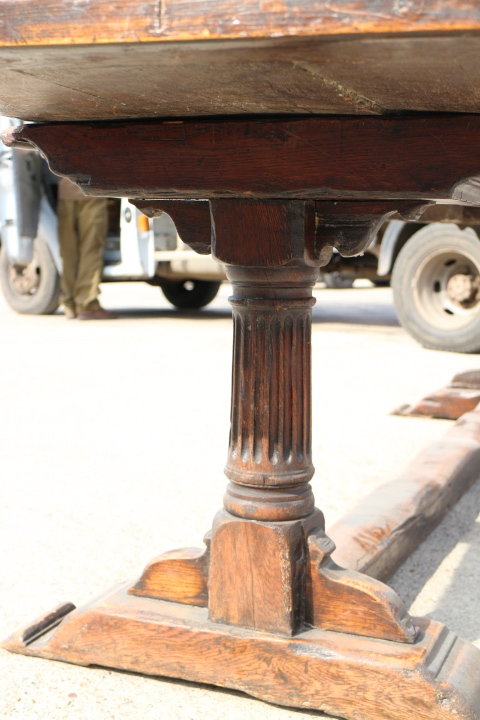 An oak plank top refectory table, on turned fluted column and stretchered supports, top 114" x 30" - Image 3 of 20