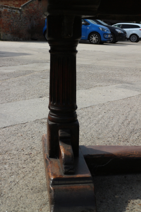 An oak plank top refectory table, on turned fluted column and stretchered supports, top 114" x 30" - Image 2 of 20