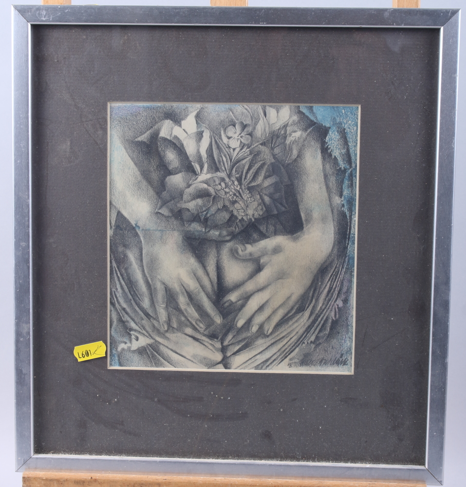 Four Modernist mixed media paintings, humanoid forms in various poses, indistinctly signed,