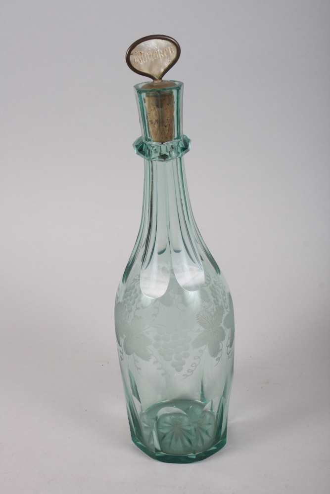 A mid 19th century green engraved glass spirit decanter with mother-of-pearl stopper, 13" high - Image 3 of 3