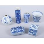 Three Chinese porcelain blue and white miniature vases, a box and cover, a tea bowl and an incense
