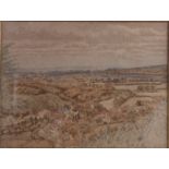 George Robert Lewis: watercolours, extensive landscape with village, 7" x 5 1/2", in wash line mount