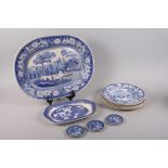 A 19th century blue and white meat dish, five similar plates and other blue and white china