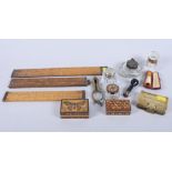 Three boxwood folding rulers, two Tunbridge ware boxes, a cut glass inkwell with Tunbridge ware lid,