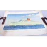 C E Turner: three unframed prints, Cunard Liners, RMS Queen Mary, RMS Caronia and RMS Carinthia