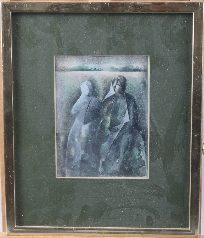 Four Modernist mixed media paintings, humanoid forms in various poses, indistinctly signed, - Image 5 of 8