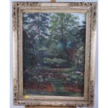 A pastel study of a garden, signed indistinctly, 19 1/2" x 14 1/2", in cream carved frame, a similar