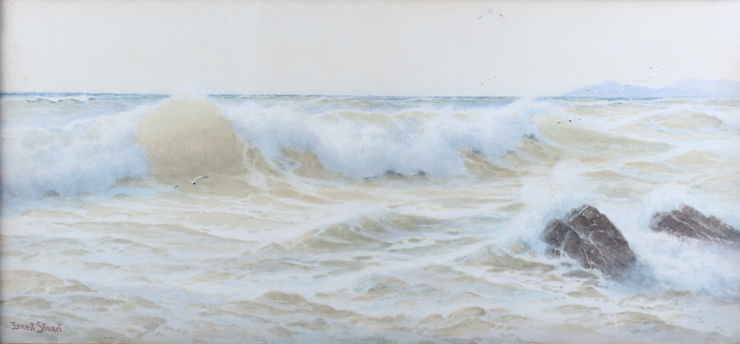 Ernest Stuart: watercolours, coastal scene with seagulls, 9 1/2" x 21", in gilt frame - Image 2 of 3