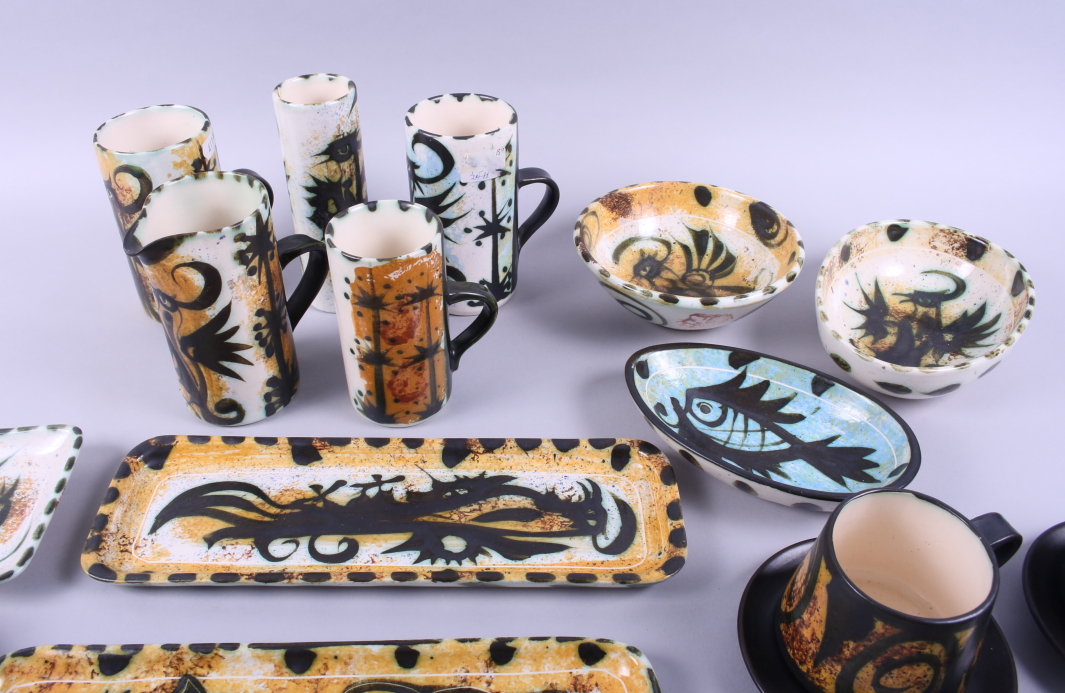 A collection of Celtic studio pottery including six cups, in sizes, a jug, a vase, dishes, etc - Image 2 of 5