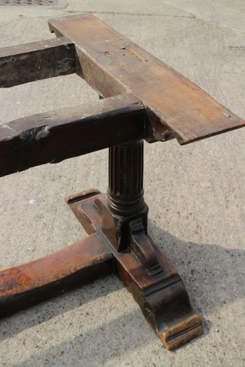 An oak plank top refectory table, on turned fluted column and stretchered supports, top 114" x 30" - Image 4 of 20