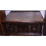 A largely 18th century lace / bible box with florette carved front, monogrammed "R.C.", 24" wide x