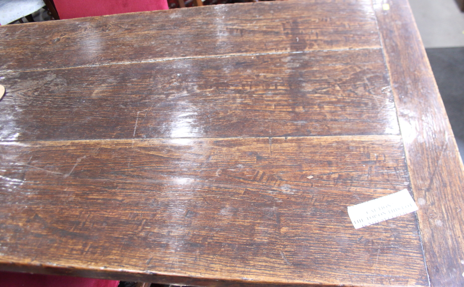 An oak plank top refectory table, on turned fluted column and stretchered supports, top 114" x 30" - Image 6 of 20