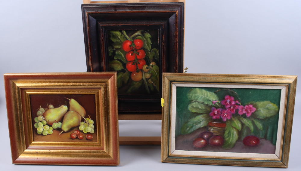 A quantity of still life oil paintings, including examples of mushrooms, pears, grapes and others,