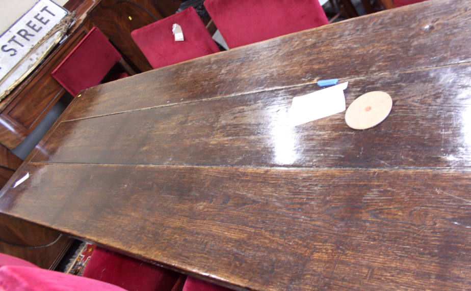 An oak plank top refectory table, on turned fluted column and stretchered supports, top 114" x 30" - Image 9 of 20