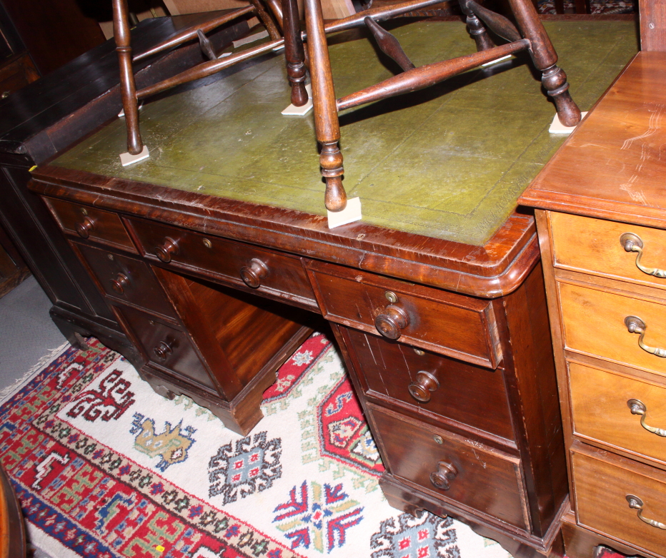 A partners Victorian mahogany double pedestal desk with tooled green leather lined top, fitted seven - Image 2 of 2