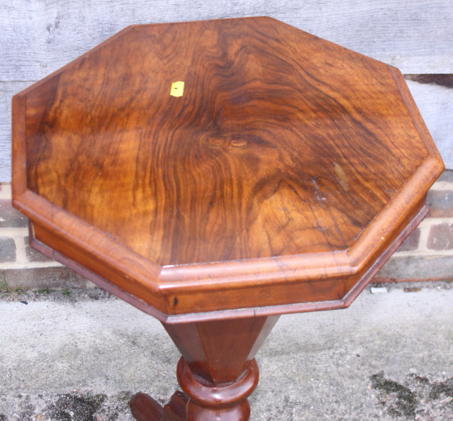 A Victorian walnut octagonal top work table, fitted central well, on tripod splay supports, 16" - Image 2 of 3