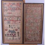 A 19th century cottage and alphabet sampler, by Janet Wood, 17 1/2" x 7 3/4", in strip frame, and