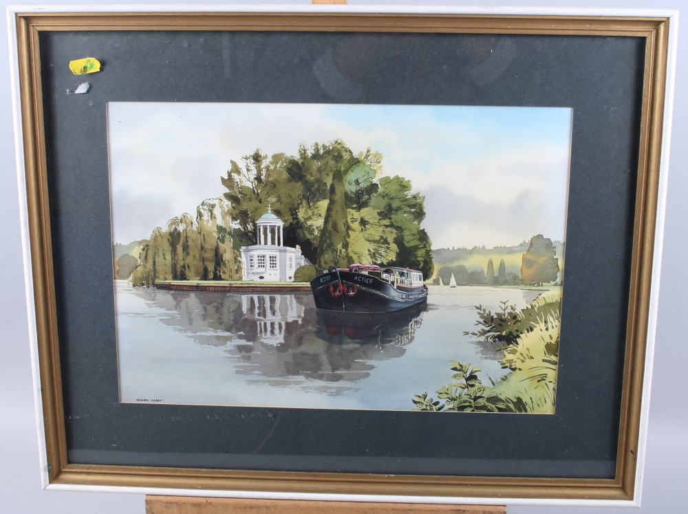 Michael Vicary: watercolours, Temple Island Henley-on-Thames, 10" x 14 1/2", in white frame, and a