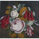 A 19th century gros point and a carpet and beadwork panel, sprays of flowers, 14" square, in gilt