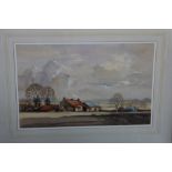 Jack Green: watercolours, landscape, farm in Autumn, 12" x 19", in wash line mount and strip frame
