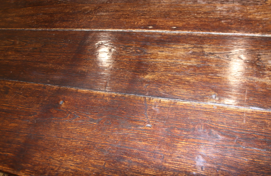 An oak plank top refectory table, on turned fluted column and stretchered supports, top 114" x 30" - Image 18 of 20