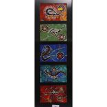 S Clark & Kay: five Aboriginal oils on boards, Australian animals, 3 1/2" x 5", in common frame