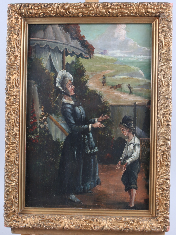 J M Avy: oil on board, "Betsy Trotwood meets David Copperfield", 14 1/2" x 10", in gilt frame - Bild 2 aus 2