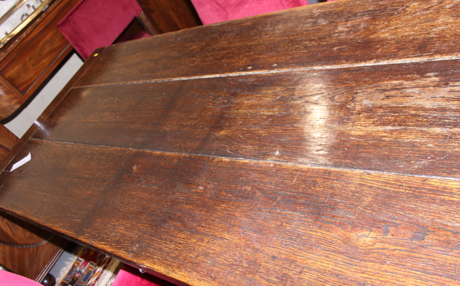 An oak plank top refectory table, on turned fluted column and stretchered supports, top 114" x 30" - Image 15 of 20