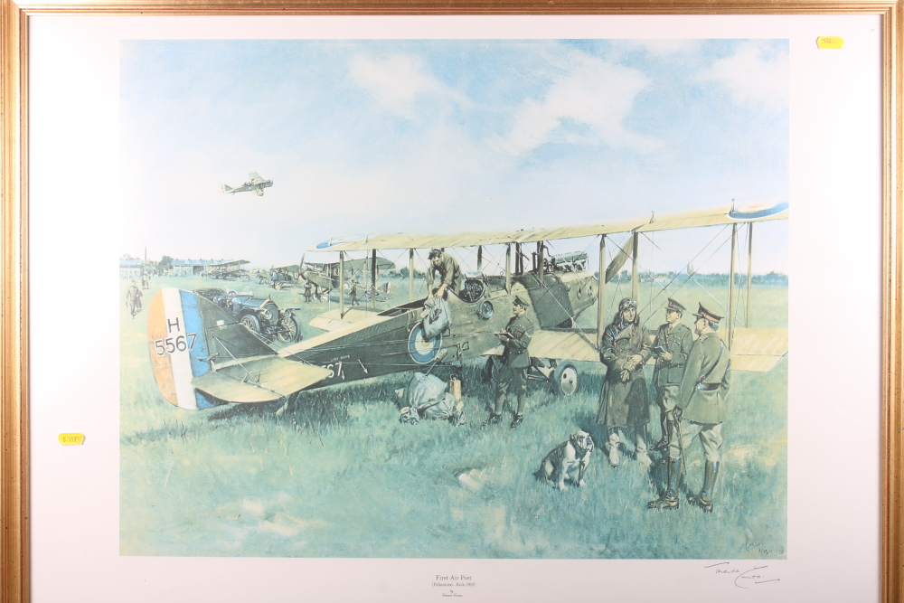 Terence Cuneo: two signed prints, "Sleigh Post" and "First Air Post", in gilt frames