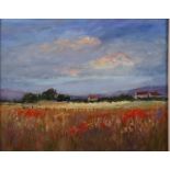 Joan Belcher: oil on board, poppy field, 7 1/2" x 9 1/2", in deep gilt frame