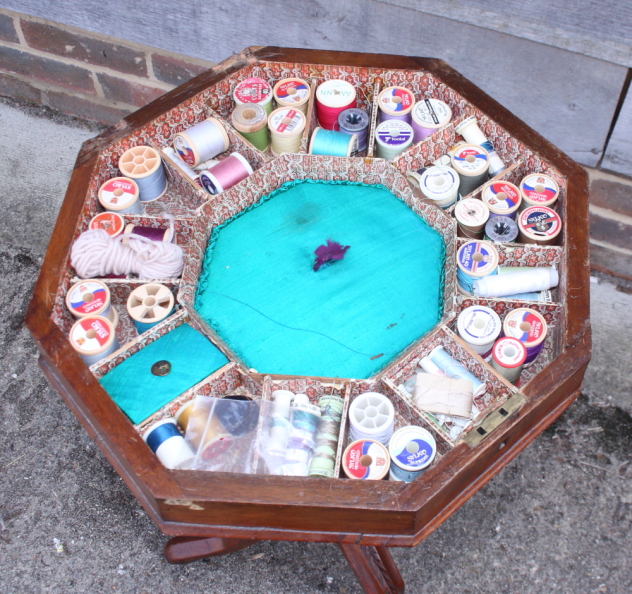 A Victorian walnut octagonal top work table, fitted central well, on tripod splay supports, 16" - Image 3 of 3