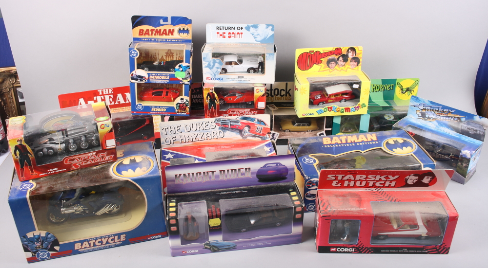 A quantity of mostly die-cast Dinky Toys vehicles, including the Batcycle, Dukes of Hazzard Dodge