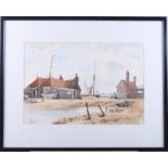 RBM, 1900: watercolours, Rye coastal scene with houses, 9 1/2" x 13 1/2", in black frame, another