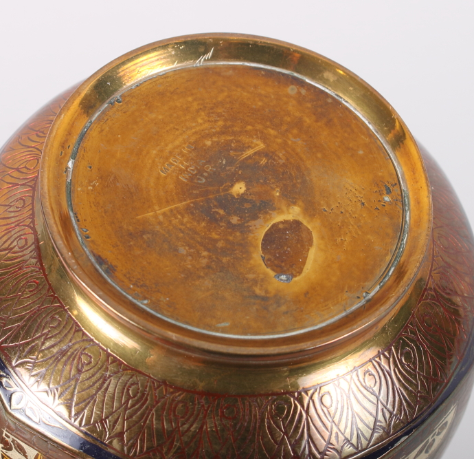 An Indian champleve enamelled hexagonal brass jar and cover, 5" high, and a plated brass engraved - Image 4 of 8