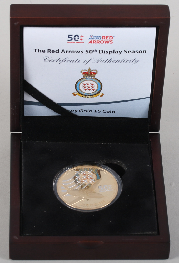 The Red Arrows 50th Display Season Jersey Gold £5 coin, in fitted case