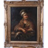 An unsigned oil on canvas, woman with a bonnet, 17 1/2" x 13 1/2", in gilt frame