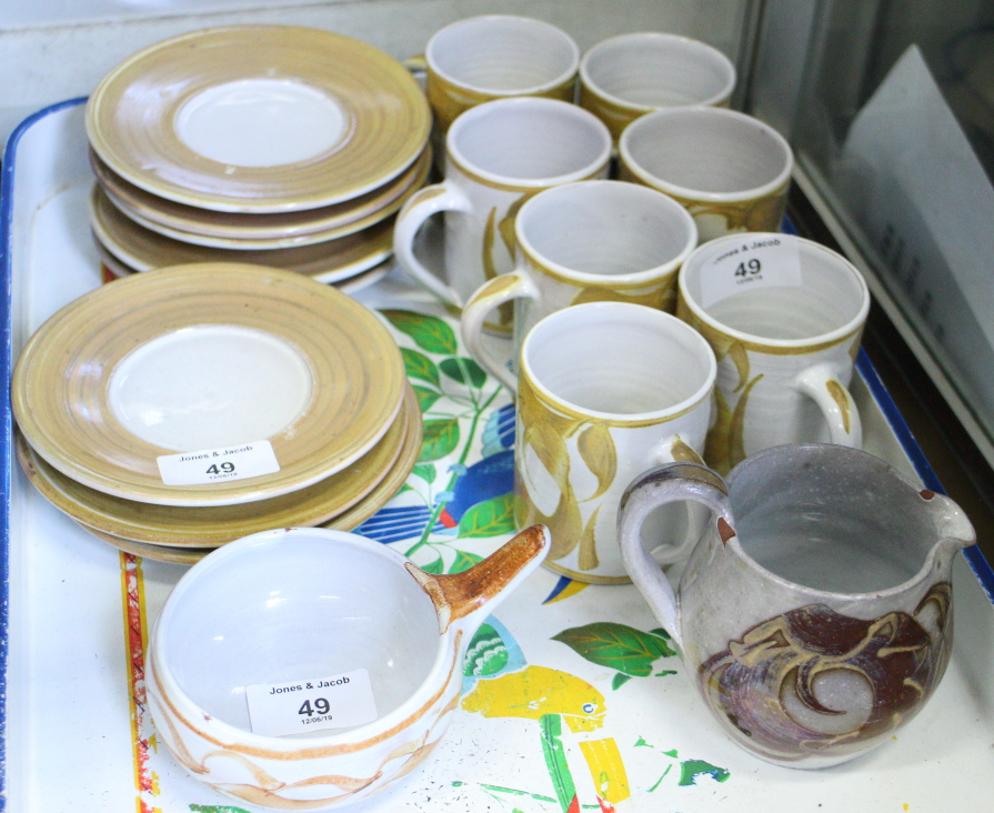 A set of seven Aldermaston pottery coffee cans and saucers with cream jug and sugar dish, a - Image 2 of 7