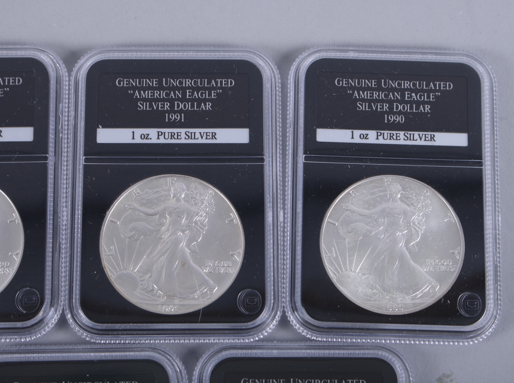 A part set of uncirculated American Eagle 1oz pure silver dollars, in wooden case - Image 9 of 20