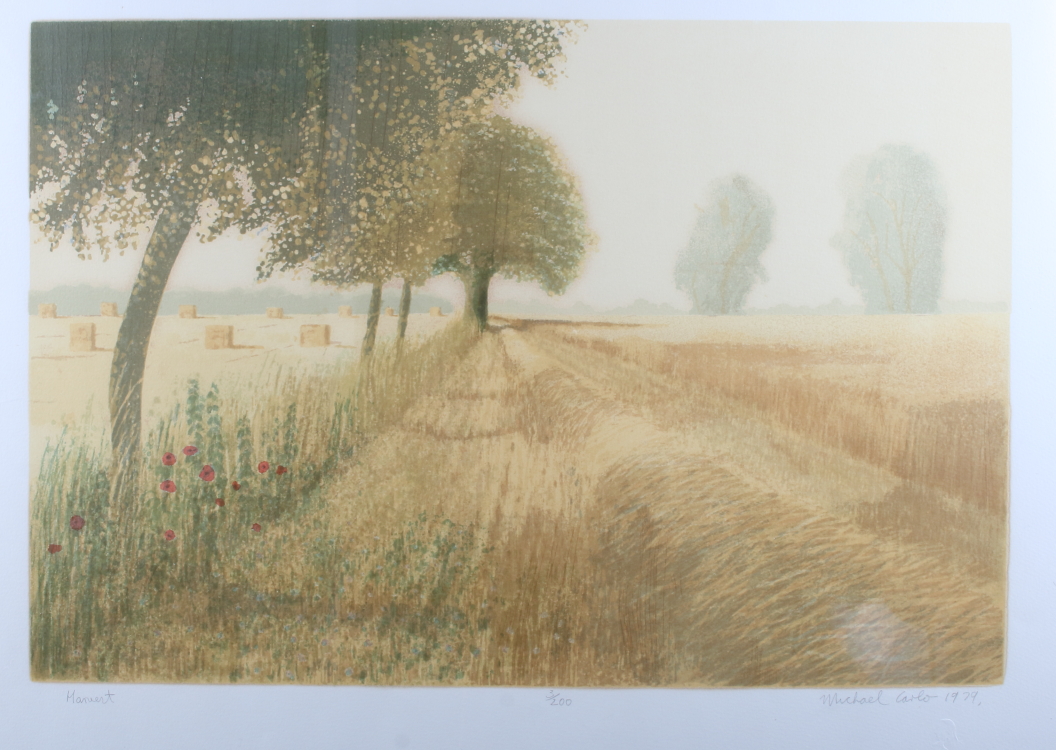 Michael Carlo, 1979: a limited edition screen print, "Harvest", 3/200, in gilt frame, pub