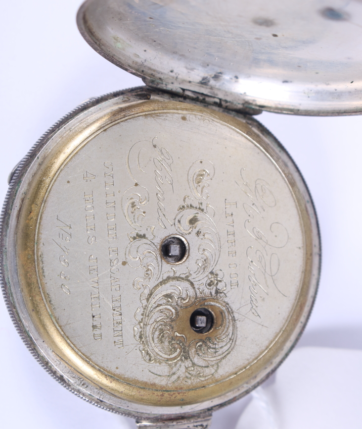 A 19th century cylinder escapement pocket watch, by M J Tobias Liverpool, in white metal case with - Image 4 of 5