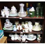 A George V commemorative tyg, various other commemorative china, part teasets, coloured glass and