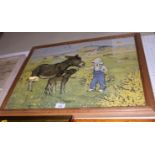 A 1920s nursery picture, children and donkeys, in oak strip frame