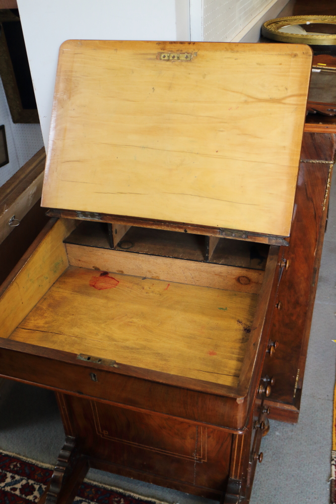 A late Victorian figured walnut Davenport with four side drawers and four faux drawers, on ceramic - Image 2 of 3