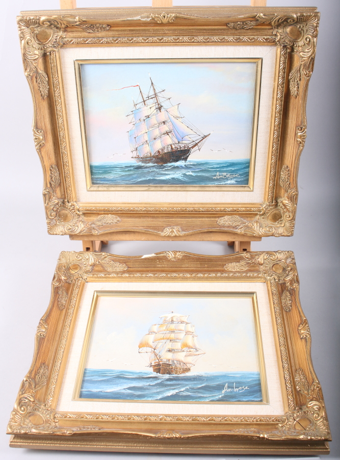 Ambrose: a pair of oils on canvas, ships at sea, 7 1/2" x 9 1/2", in gilt frames