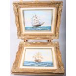 Ambrose: a pair of oils on canvas, ships at sea, 7 1/2" x 9 1/2", in gilt frames