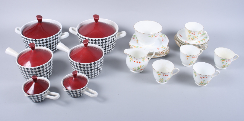 Six Rorstrand "Red Top" pattern casserole dishes and a Delphine part teaset