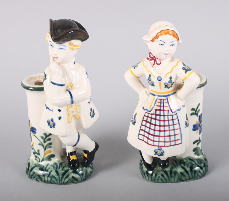 A pair of Danish spill holders, figures in period costume, 6 1/4" high