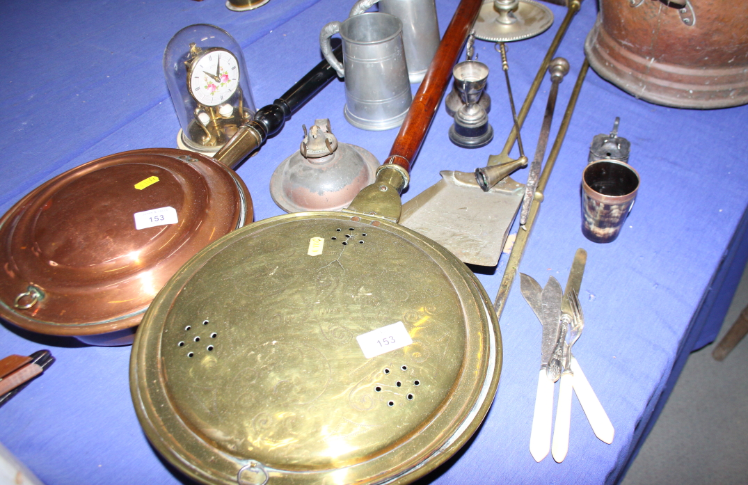 A copper coal helmet, two warming pans, a brass door stop and various other metalwares - Image 2 of 4
