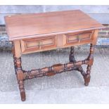 An early 18th century mahogany side table with two drawers, on square and turned supports, 33"