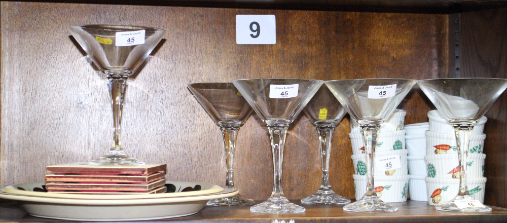A set of six cut glass martinis, twelve ramekins, various, and other ceramics